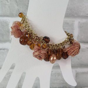 Charm Bracelet Glass Beads Chiffon Roses Faux Pearls Gold Tone Chain Amber Rose